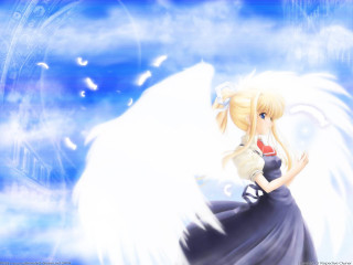 Blonde girl angel wings blue - cloud and birds free wallpaper