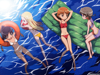 Three girls bathing suits floating - a raft free wallpaper