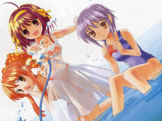 Anime girls bathing suits water - a hose free wallpaper