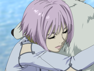 Woman pinkhair hugging whitebear water - blue sky in the background free wallpaper