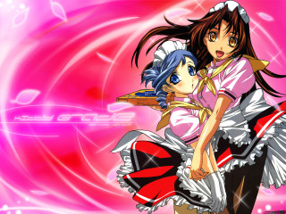 Anime girls hugging pink background - swirl free wallpaper