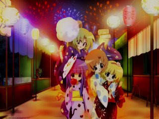 Festival girls anime fireworks kimono - a umbrella free wallpaper