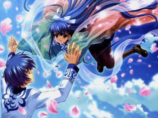 Anime couple flying petals sky - petal free wallpaper