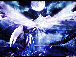 Woman wings blue dress night - a full moon in the background free wallpaper for desktop