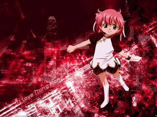 Girl red background anime holography - a city skyline in the background free wallpaper
