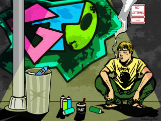 Man kneeling graffiti alien artist - a trash free wallpaper