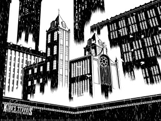 Cityscape clocktower monochrome skyscrapers characters - charles williams free wallpaper