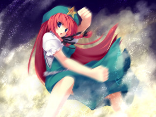 Girl dress hat flying clouds - action painting free wallpaper