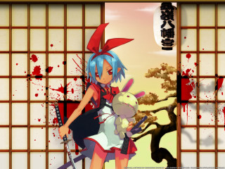 Girl bunny teddy blood blue - front of a wall free wallpaper