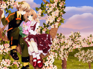 Anime characters sitting tree flower - the background and a sky background free wallpaper