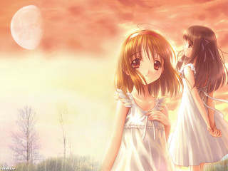 Moonlit girls in white dresses - a full moon and trees free wallpaper