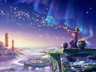 Girl cliff starry sky aurora - kinkade free wallpaper