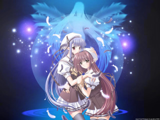 Anime hugging angel birds moon - a blue sky behind them free wallpaper for desktop