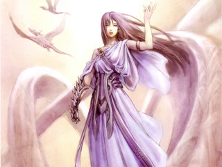 Purple dress woman bird fantasy - above her head free wallpaper for desktop