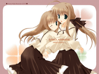 Anime girls hugging pink white - a white background behind them free wallpaper