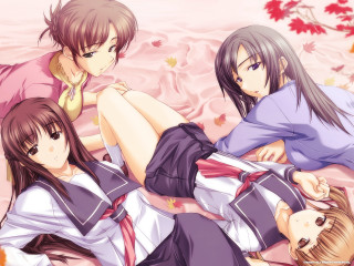 Three anime girls autumn leaves - a bed together free wallpaper