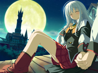 Girl moon castle cat sitting - a ledge in front free wallpaper for desktop
