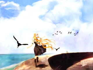 Woman beach bird sky dress - overhead and a bird free wallpaper