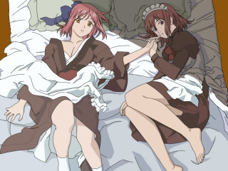 Two anime girls bed pillow - neoromanticism free wallpaper for desktop