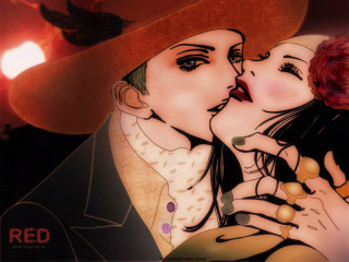 Gothic manga couple kiss redhat - a painting of a man and woman free wallpaper