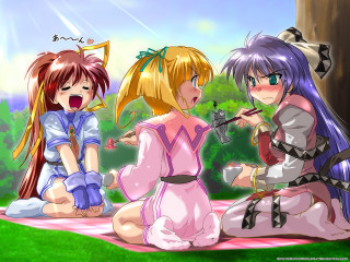 Three anime girls picnic blush - a cup free wallpaper for desktop