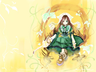 Girl green dress yellow background 2 - her hand and a cat free wallpaper for desktop
