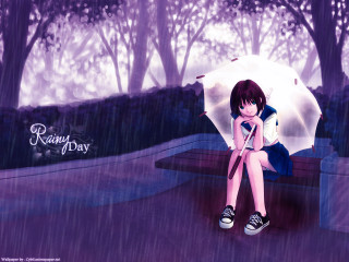 Girl bench rain umbrella cat - figurative art free wallpaper
