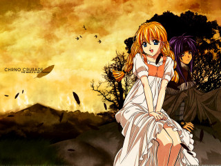 Anime girls autumn field sunset - a sky in the background free wallpaper