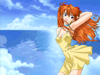 Redhair girl water halterneck dress - her arm behind her back free wallpaper