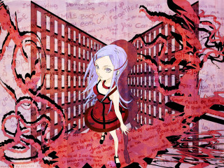 Red dress graffiti building anime - official art free wallpaper for desktop