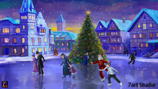People skating christmas tree town 2 - kinkade free wallpaper for desktop