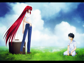 Man woman field suitcase outdoors - beautiful scene free wallpaper