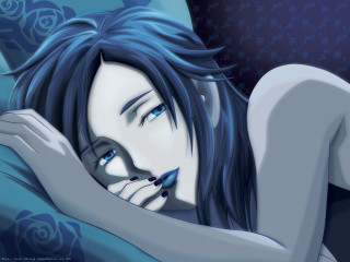 Blue haired gothic anime rose - bed free wallpaper