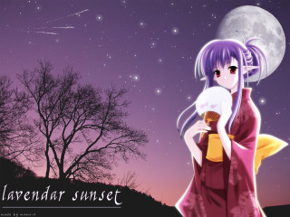 Red kimono fullmoon starry sky - a cup of coffee in front free wallpaper