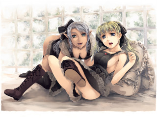 Two women blonde boot yayoi - their leg free wallpaper