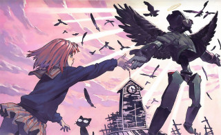 Woman bird wings angel sunset - a pink sky free wallpaper