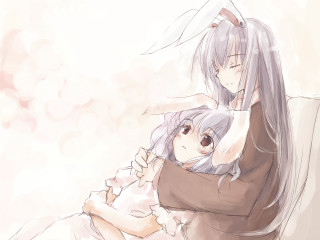 Anime rabbit girls hug couch - a blurry background behind them free wallpaper
