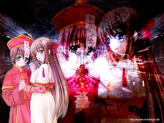 Anime 2girls hologram redpink background - a background free wallpaper for desktop