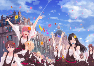 Maid girls confetti streamers cityscape - they free wallpaper