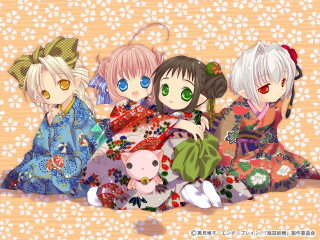 Anime girls kimono cat floral - a group of anime girls sitting next free wallpaper