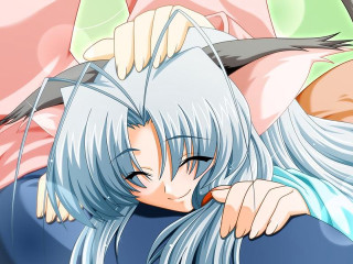 Woman whitehair blue shirt holdinghead - long white hair free wallpaper