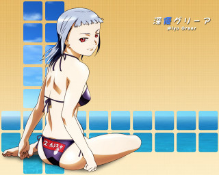 Beach bikini blue hair sitting - her face and chest free wallpaper