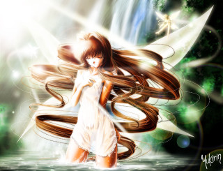 Long haired fairy woman water - a waterfall behind her free wallpaper