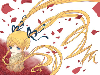 Blonde girl bow red petals - a blonde free wallpaper