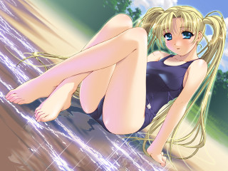 Woman crossed legs beach anime - anime visual free wallpaper