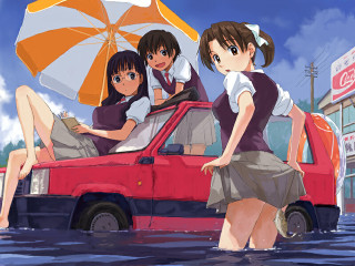 Girls red car beach umbrella - summer free wallpaper