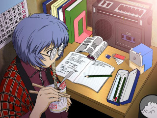 Academic manga illustration bluehair coffee - a desk free wallpaper