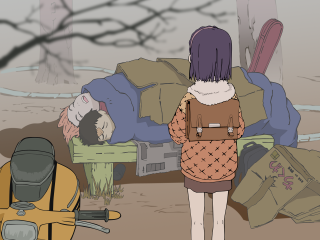 Woman luggage motorcycle bench blurry - movie scene free wallpaper