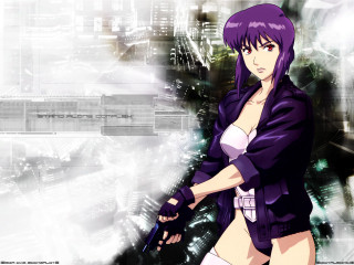 Purple girl cyberpunk city gun - ghost in the shell free wallpaper