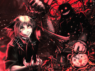 Clock demon gothic anime girls - his hand and a demon in the background free wallpaper